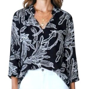 La Mer Luxe Black and White Leaf Print Tunic 3/4 Sleeve Mandarin Collar Medium
